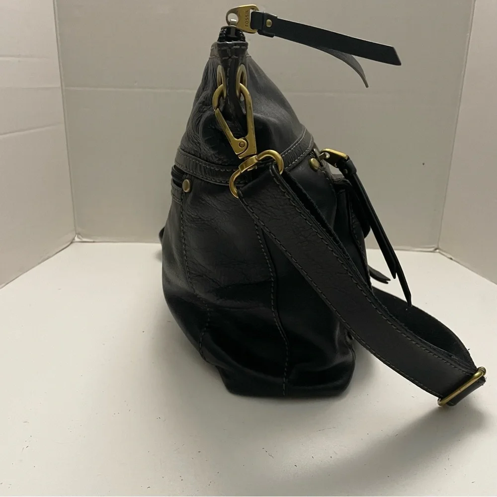 Vintage Fossil Purse Crossbody Leather Pockets Buckle Adjustable Black Bronze - Picture 8 of 16